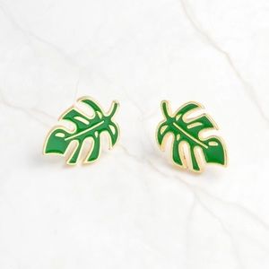 Palm Leaf Green Gold Stud Earrings Dainty Summer